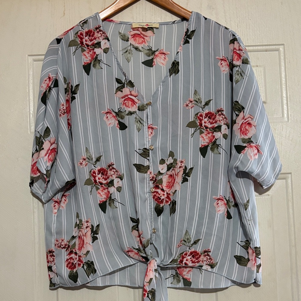 Wishful Park Striped Floral Blouse - Gray and Pink‎